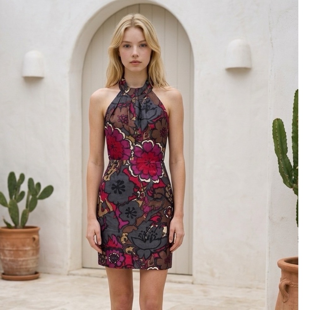 Trina Turk Womens Silk Halter Floral Mini Dress Magenta Brown Size 6‎ 288130